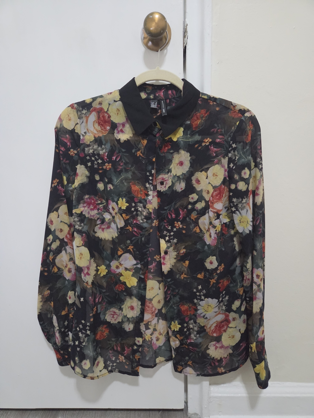 Mango MNG Collection Black Floral Long-Sleeve Button-Up Shirt